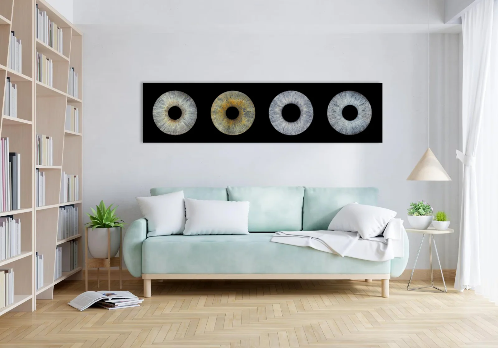 Cozy study with eye art collection - wooden desk, bookshelf, framed eye art on wall