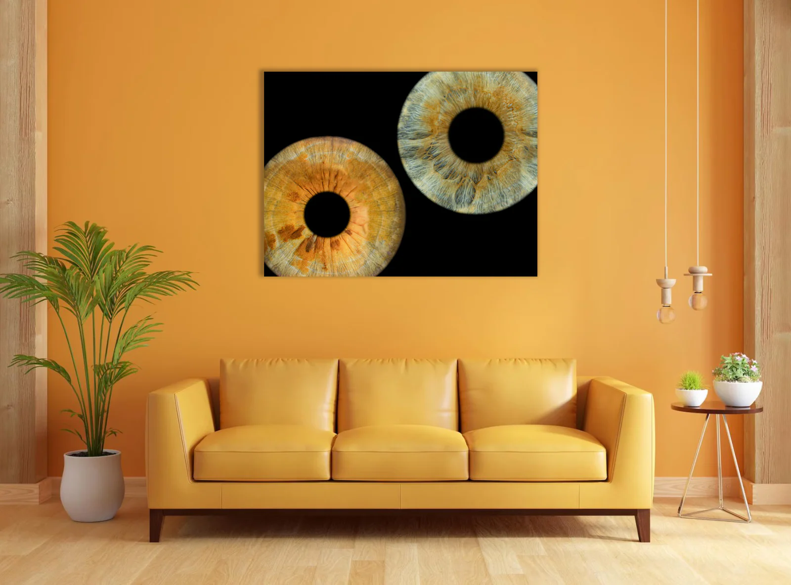 Contemporary bedroom with eye art - light bed, bedside table, framed eye art above bed
