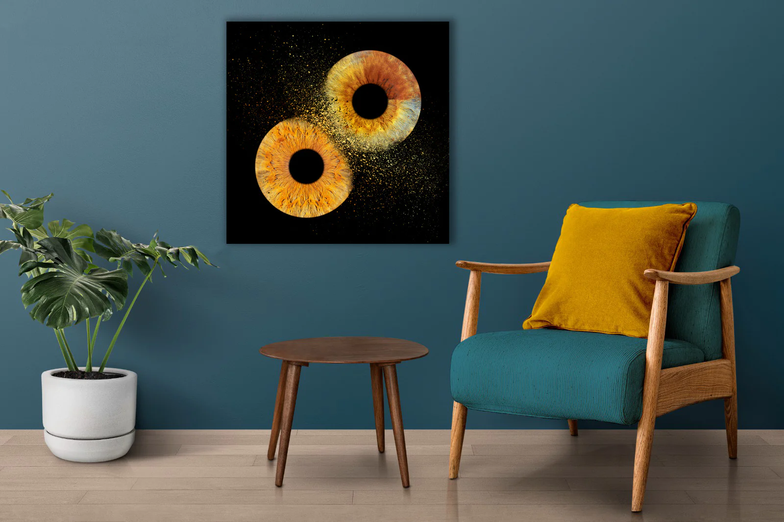 Minimalist dining room with eye art - dining table, chairs, framed eye art on wall