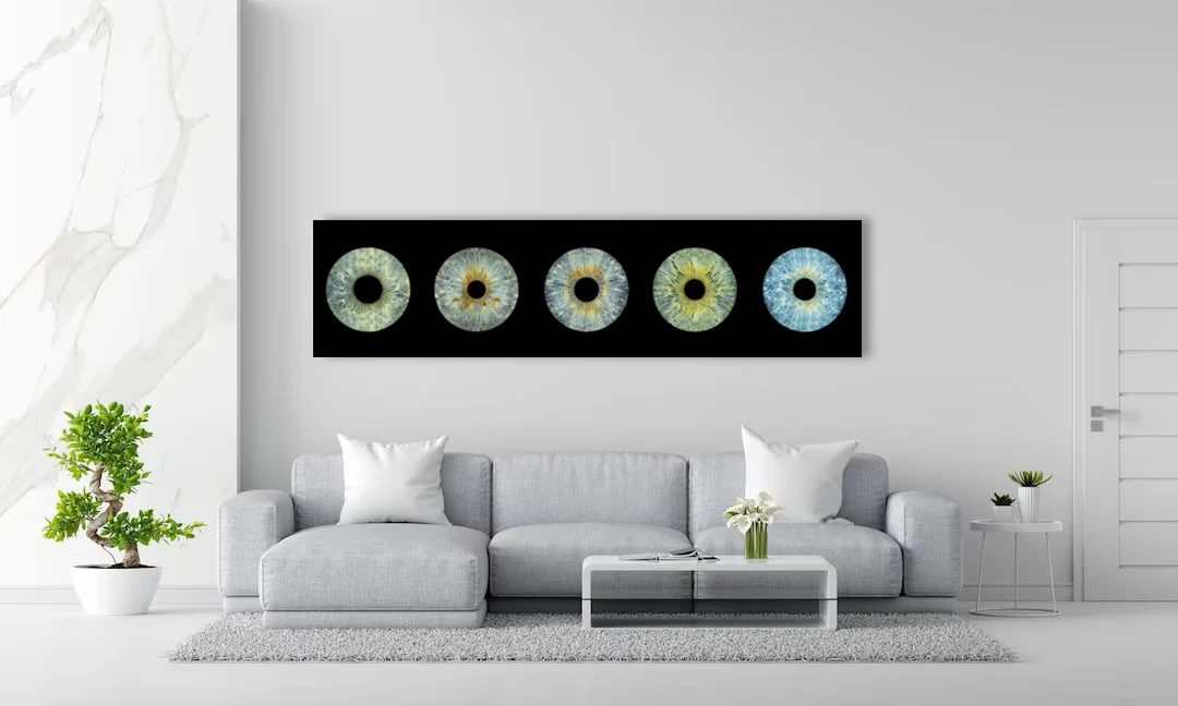Luxury bedroom with eye art - elegant bed, side tables, framed eye art as focal point