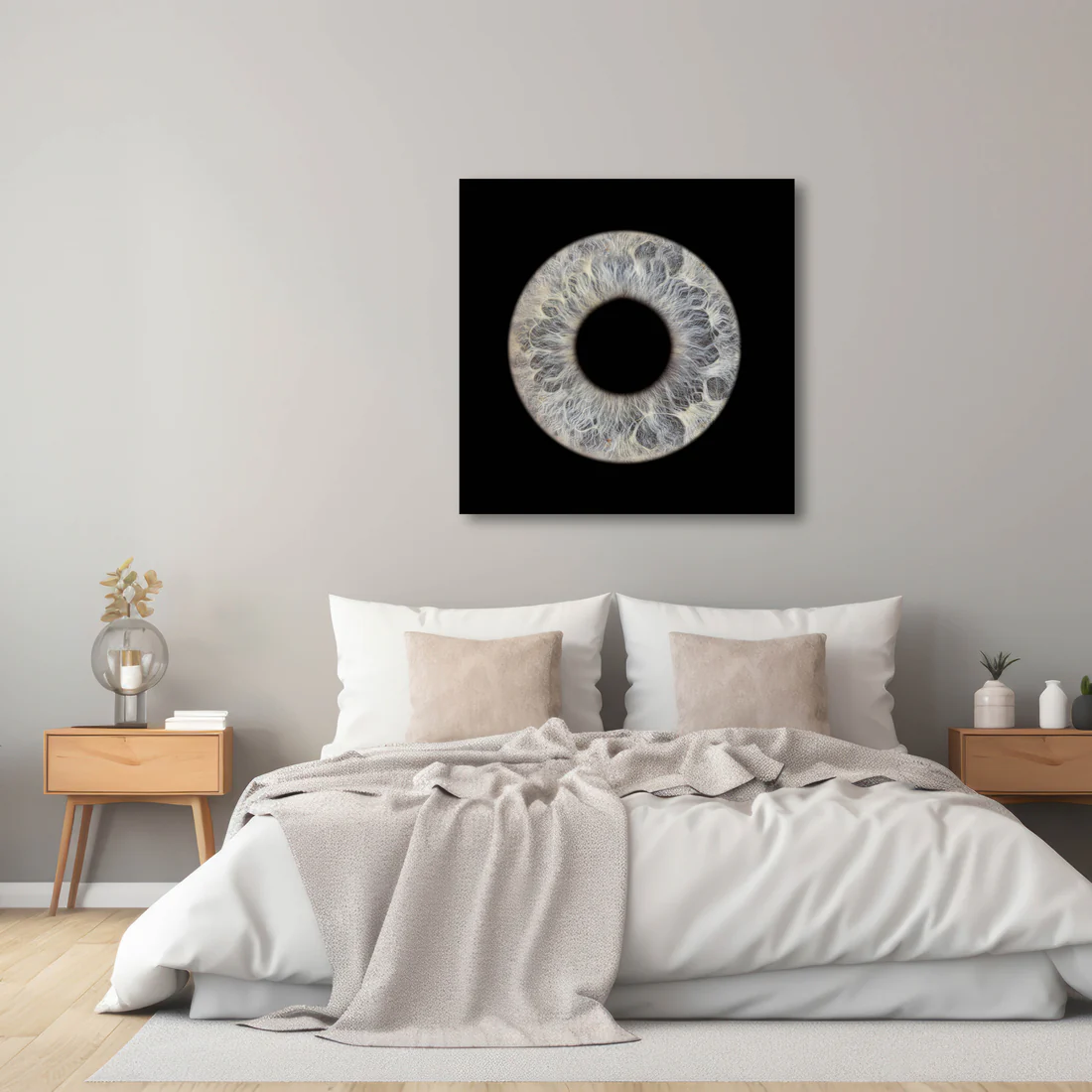 Metal framed iris art in bedroom setting