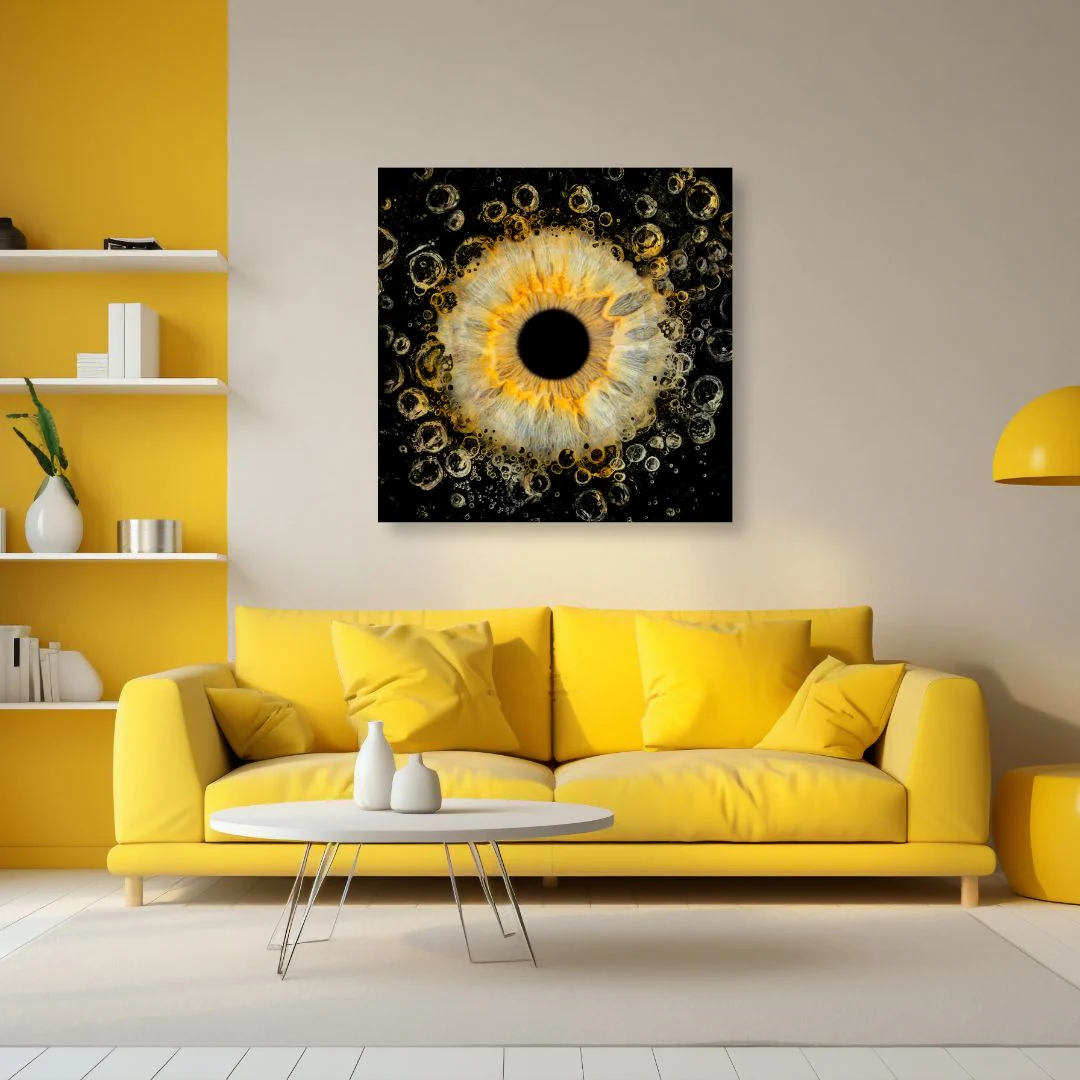 Acrylic framed iris art in living room setting